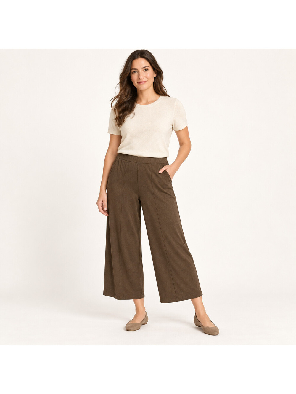 J Jill Wearever Women's S Brown Full Leg Cropped Pants Stretch Slash Pockets